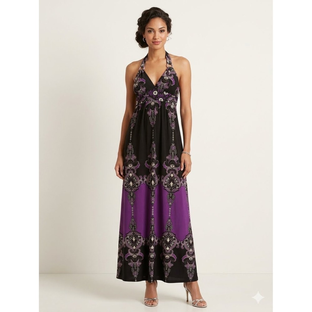 Snap Halter Maxi Dress Black Purple Paisley Boho Y2K Empire Waist Size‎ S
